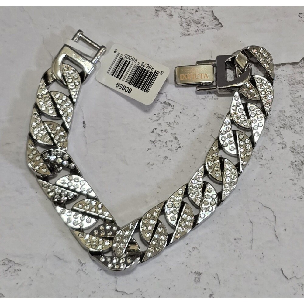 Cuban Invicta Elements Men's Iced Out Cuban Chain Bracelet Silver 80859 New